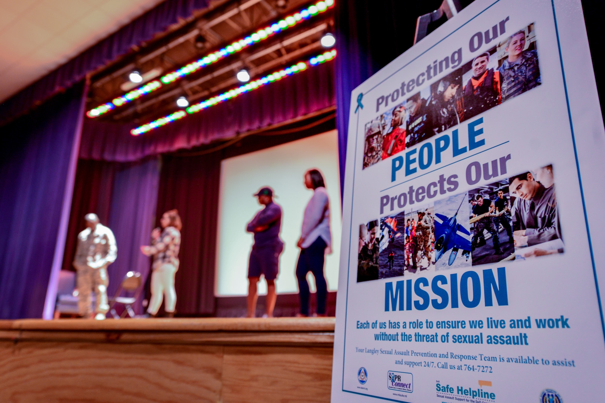 The Sexual Assault Theater Group cast answers audience questions while remaining in character, after the performance of “Same Script, Different Cast” at Joint Base Langley-Eustis, Va., April 13, 2018. The theme for Sexual Assault Awareness month is “Protecting our people, protects our mission.” (U.S. Air Force photo by Senior Airman Ericha Guyote)