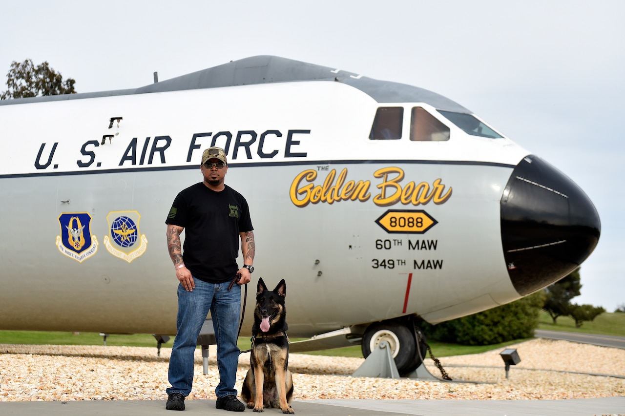Man and dog stand beside airplane.