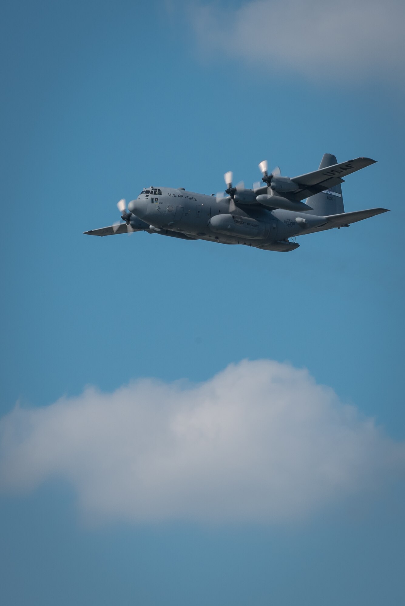 A Kentucky Air National Guard C-130 Hercules transport approaches the show box during the Thunder Over Louisville air show in downtown Louisville, Ky., in 2016. The aircraft will serve as a jump platform for members of the Kentucky Air Guard's 123rd Special Tactics Squadron during the 2018 air show, scheduled for April 21. The special operators will parachute into the Ohio River as part of a demonstration on insertion techniques.