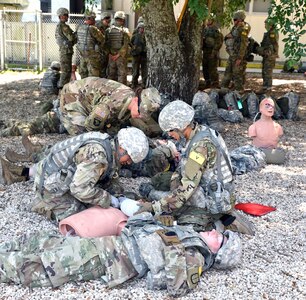 232nd Medical Battalion Soldiers at the 68W Advanced Individual Training Program for the Combat Medic Program conduct training at Joint Base San Antonio-Fort Sam Houston April 17.