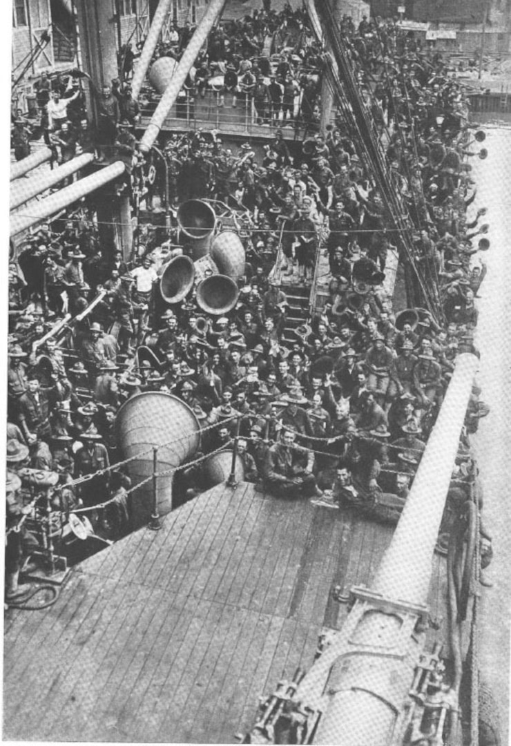 Soldiers of the 105th Field Artillery on board the troopship Mercury in Newport News, Virginia,  in May 1918 as the 27th Division, the New York National Guard's division, leaves the United States for France in World War I. This photograph appeared in Maj. Gen. John F O'Ryan's book, "The Story of the 27th Division."