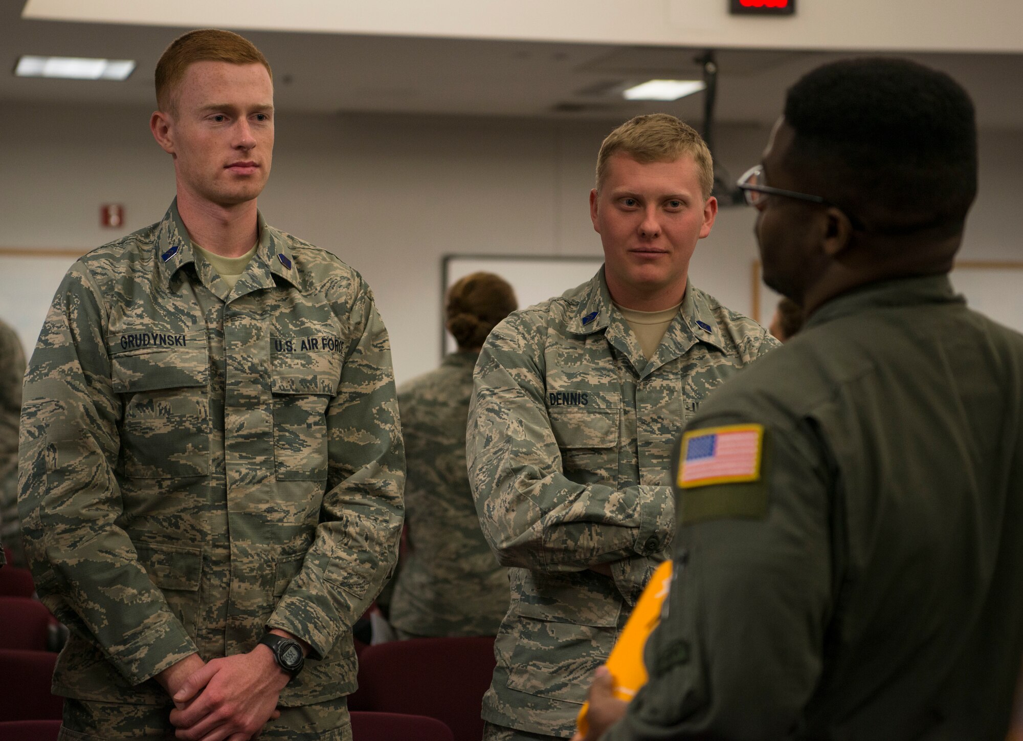 Tech. Sgt. Click Essien, HH-60G program manager with the 58th Training Squadron, takes questions from Northern Arizona University ROTC cadets during a visit to Kirtland Air Force Base, N.M April 11. More than 50 cadets visited several units as part of the base tour.