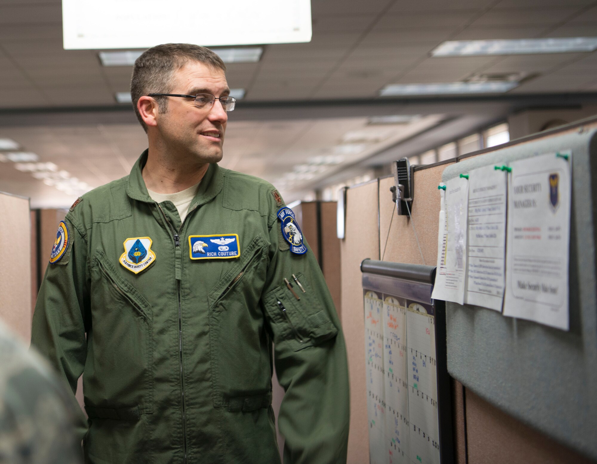 Maj. Rich Couture, an executive officer with the Air Force Safety Center, give ROTC cadets a tour of the center. More than 50 Northern Arizona University ROTC cadets visited Kirtland Air Force Base, N.M April 11-13.