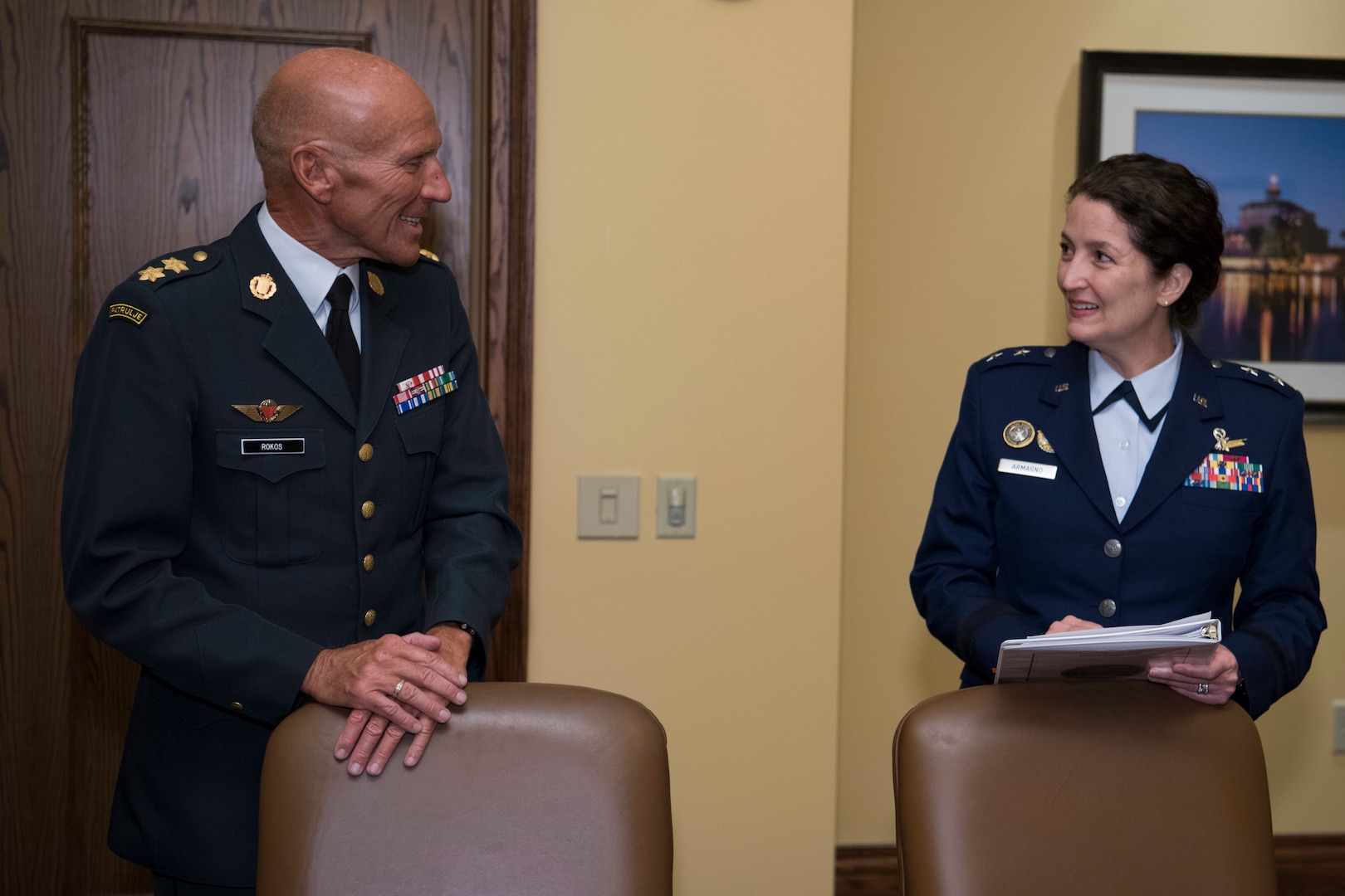 U.S. Air Force Maj. Gen. Nina Armagno (right), U.S. Strategic Command (USSTRATCOM) director of plans and policy, speaks with Maj. Gen. Agner Rokos, representing the Defence Command Denmark and the Ministry of Defence Denmark, before signing a memorandum of understanding at the 34th Annual Space Symposium Apr. 17, 2018. The memorandum authorizes sharing space situational awareness services and information with the Defence Command and Ministry of Defence for Denmark. Denmark joins 13 nations (the United Kingdom, the Republic of Korea, France, Canada, Italy, Japan, Israel, Spain, Germany, Australia, the United Arab Emirates, Belgium and Norway), two intergovernmental organizations (the European Space Agency and the European Organization for the Exploitation of Meteorological Satellites) and more than 65 commercial satellite owner/operator/launchers already participating in SSA data-sharing agreements with USSTRATCOM.