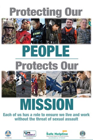 The 2018 Sexual Assault Awareness and Prevention Month theme is Protecting Our People Protects Our Mission. Every member of defense organizations can encourage behaviors that foster a climate of dignity and respect, and in doing so, help ensure our readiness to complete the mission. (Graphic by the Defense Equal Opportunity Management Institute)