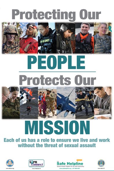 The 2018 Sexual Assault Awareness and Prevention Month theme is Protecting Our People Protects Our Mission. Every member of defense organizations can encourage behaviors that foster a climate of dignity and respect, and in doing so, help ensure our readiness to complete the mission. (Graphic by the Defense Equal Opportunity Management Institute)