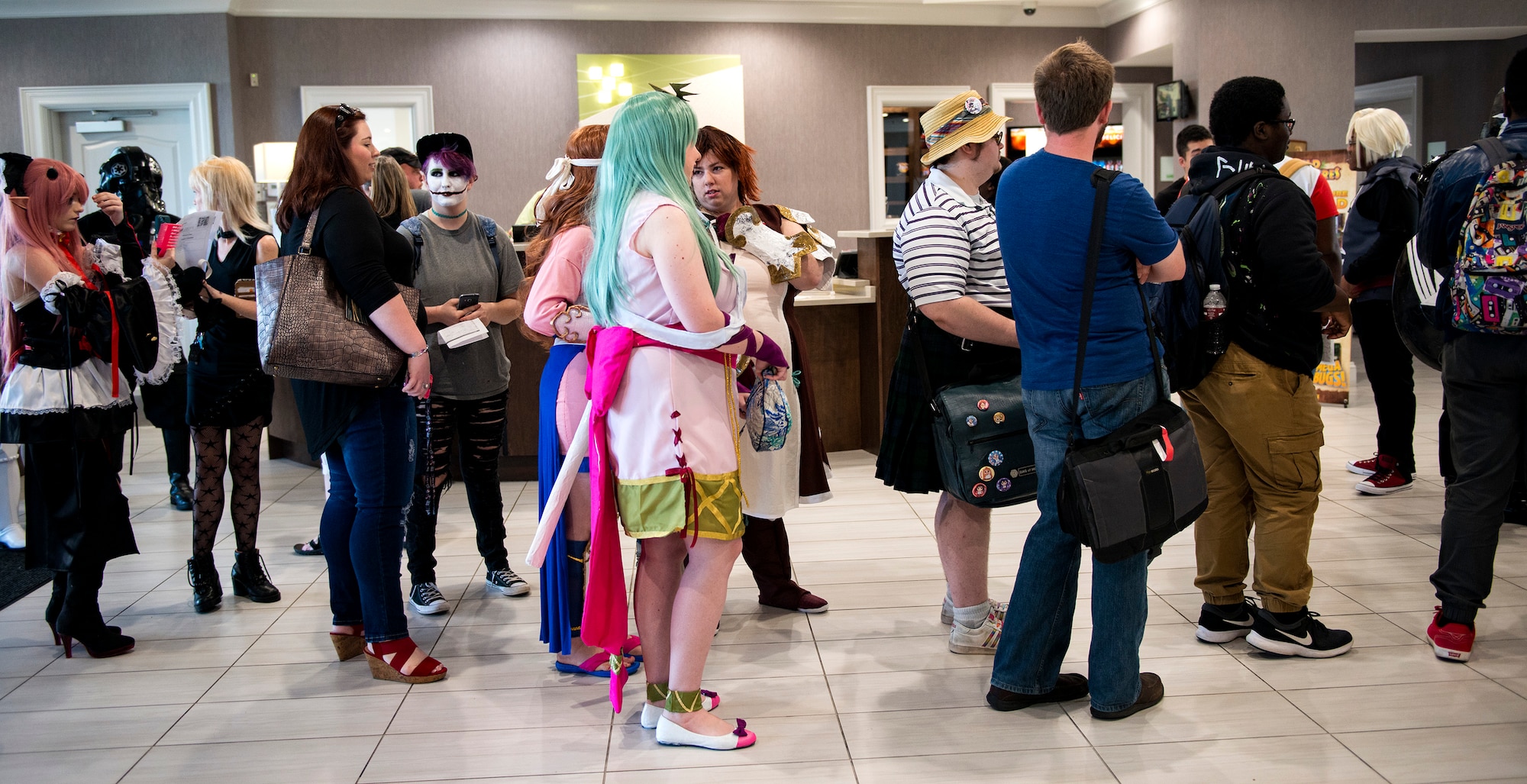 Guests wait in line to register for Tiger Con, April 14, 2018, in Valdosta, Ga. Tiger Con was a convention, open to Moody residents and the local community, geared toward giving pop culture enthusiasts a chance to dress and role play as their favorite movie, TV show or comic characters. The event included a costume contest, an anime themed café, pop-culture artist panels along with shopping vendors and a guest appearance of veteran voice actor Richard Epcar, who’s known for portraying Raiden in the video series Mortal Kombat. (U.S. Air Force photo by Airman 1st Class Erick Requadt)