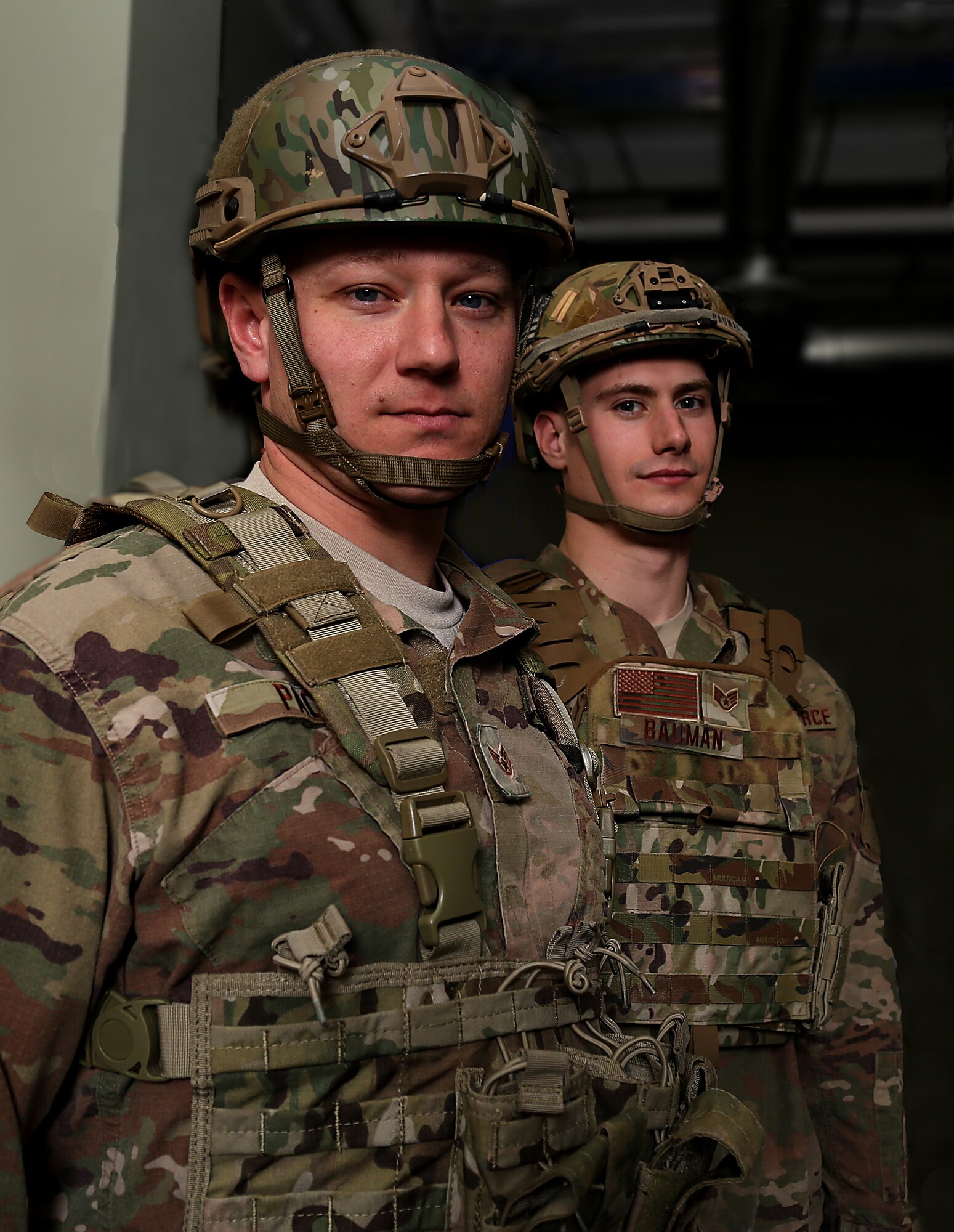 Staff Sgts. Jonathan L. Pack and Alan G. Bauman, assigned to the 157th Civil Engineer Squadron, N.H. Air National Guard, pose for a portrait on April 17, 2018 at Pease Air National Guard Base, N.H. Pack and Bauman became the first members of the 157th Air Refueling Wing to compete in the Best Warrior Competition in 2018. (N.H. Air National Guard photo by Staff Sgt. Kayla White)