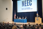 Employees representing Naval Surface Warfare Centers (NSWC) in the mid-Atlantic region, sit on a young professional’s panel during the meeting of the Naval Engineering Education Consortium on April 11, 2018, at NSWC Carderock Division in West Bethesda, Md. (U.S. Navy photo by Jake Cirksena/Released)