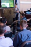 Bob Keane, former executive director for Surface Ship Design and Systems Engineering at the Naval Sea Systems Command, speaks to engineers and naval architects April 12, 2018, at Naval Surface Warfare Center, Carderock Division, for the third in the series of Rear Adm. David W. Taylor Naval Architecture Lecture. (U.S. Navy photo by Jake Cirksena/Released)