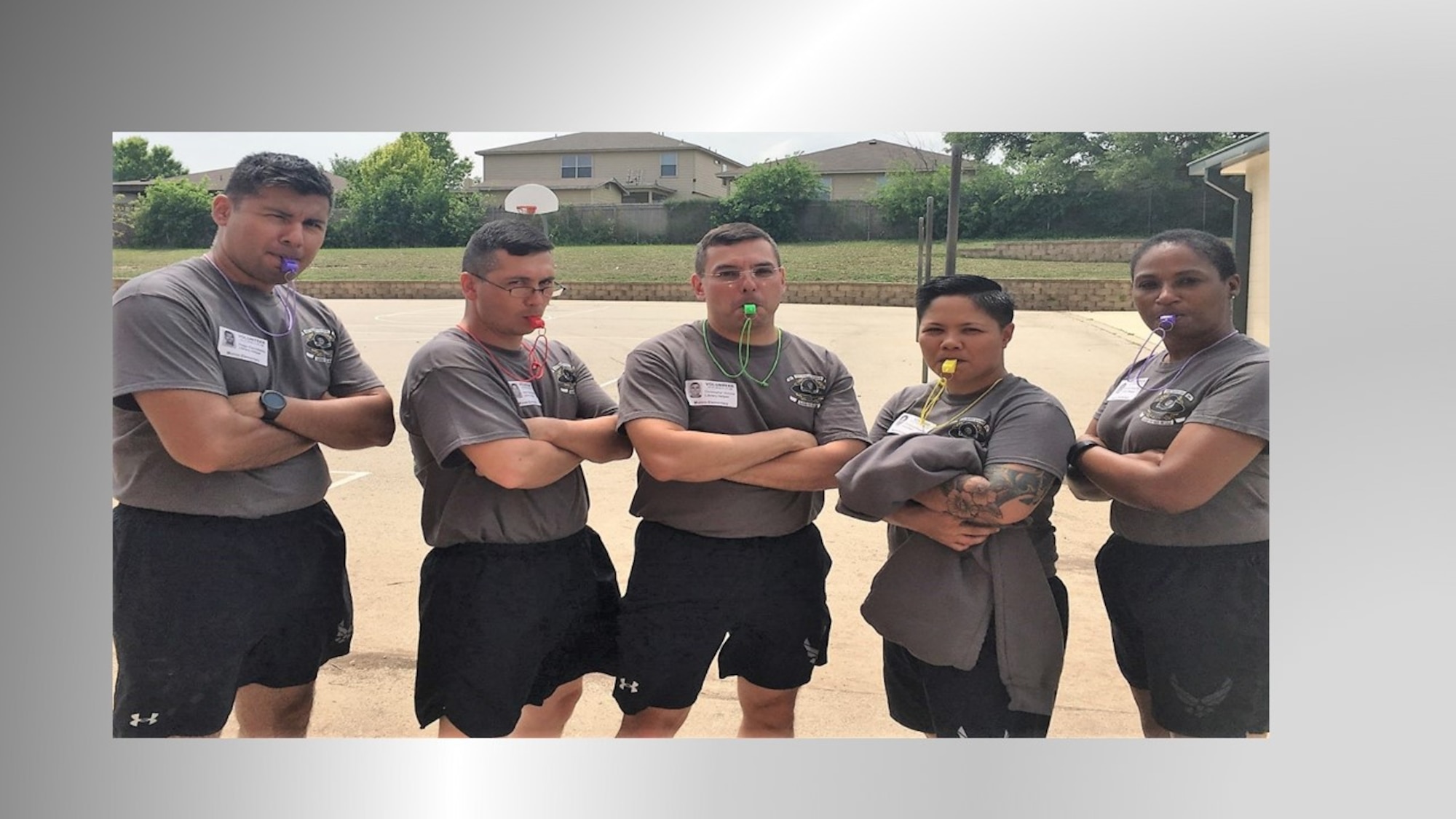 Kudos to the 433rd Training Squadron members who recently created a fun, challenging opportunity for Murnin Elementary School students!  Squadron volunteers (left to right) Master Sgt. Hugo Escobedo, Tech. Sgt. Jason Hernandez, 433rd Commander Lt. Col. Christopher Victoria, Tech. Sgt. Christina Rapolla and Master Sgt. Rosalind Rider-Page put 150 Murnin reading test champs through an obstacle course developed by faculty and 433rd members as a special reward and incentive to encourage the kids to ace the reading requirements. Obstacles included tire flipping, wall jumps, jumping over small balusters, running between cones and more. Sergeant Rapolla, event organizer, noted that these kind of events encourage kids to develop mental and physical skills and help make both more fun. She said the 433rd is ready for another round - better hit the books kids! (U.S. Air Force photo courtesy of the 433rd TRS)