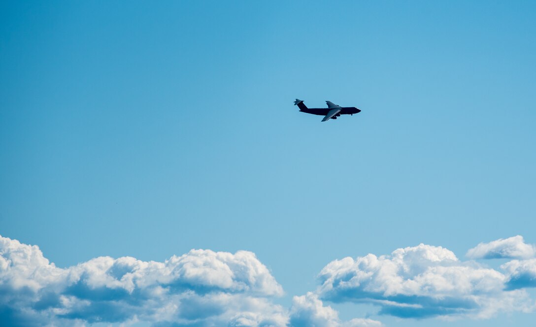 The last C-5M Super Galaxy to join the fleet arrives at Travis Air Force Base, Calif., April 17, 2018. The C-5M is a modernized version of the legacy C-5, it can fly 2,150 nautical miles, offload, and fly to a second base 500 nautical miles away from the original destination, all without aerial refueling. (U.S. Air Force photo by Master Sgt. Joey Swafford)