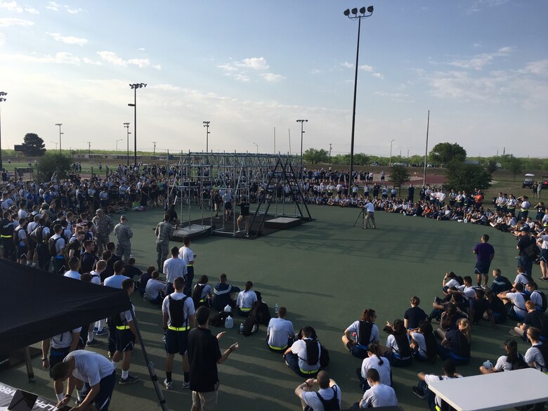 Members of the 17th Wing at Goodfellow Air Force Base, Texas, watch an Alpha Warrior competition at the Mathis Fitness Center April 13, 2018. The wing was one of the first units to receive Alpha Warrior equipment as part of the 2018 Alpha Warrior Meet and Greet tour. (U.S. Air Force photo by Jim Anderson)