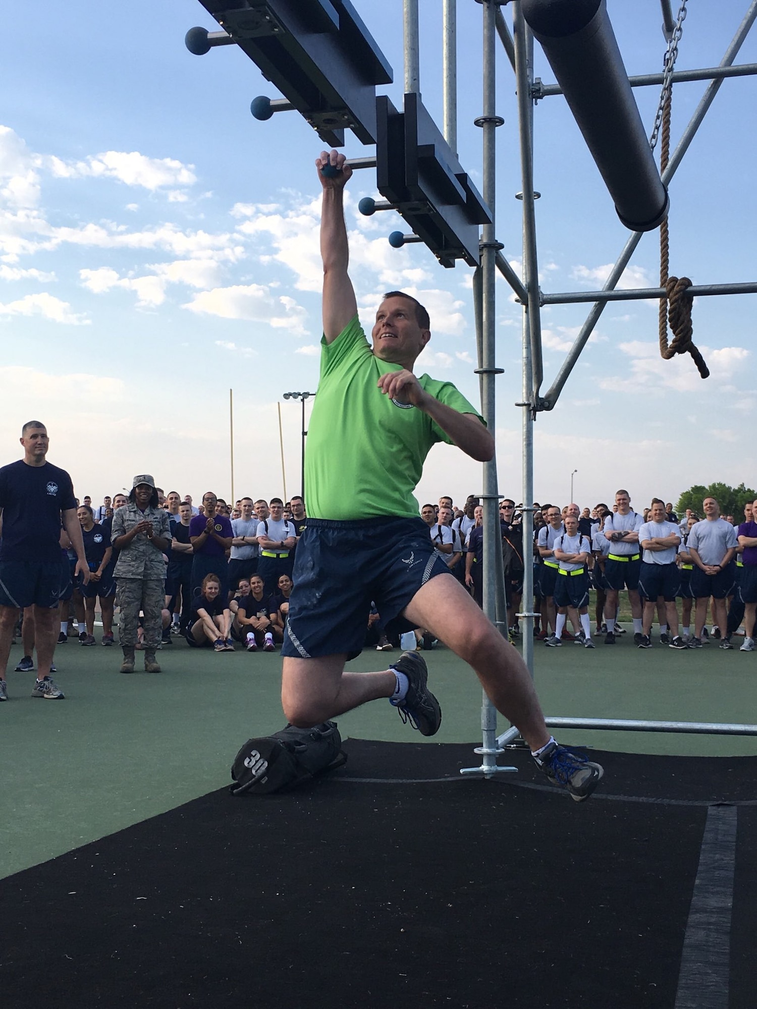 Col. Jeffrey Sorrell, 17th Training Wing vice commander, tackles the newly installed Alpha Warrior Battle Rig at the Mathis Fitness Center Goodfellow Air Force Base, Texas, April 13, 2018. The wing was one of the first units to receive Alpha Warrior equipment as part of the 2018 Alpha Warrior Meet and Greet tour. (U.S. Air Force photo by Jim Anderson)