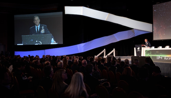 Chief of Staff of the Air Force Gen. David L. Goldfein speaks about the essential role Airmen play in space superiority, during the 34th Space Symposium April 17, 2018, in Colorado Springs, Colorado. During his remarks Goldfein emphasized that each Airman, regardless of specialty, should understand the business of space superiority. (U.S. Air Force photo by Senior Airman Dennis Hoffman)