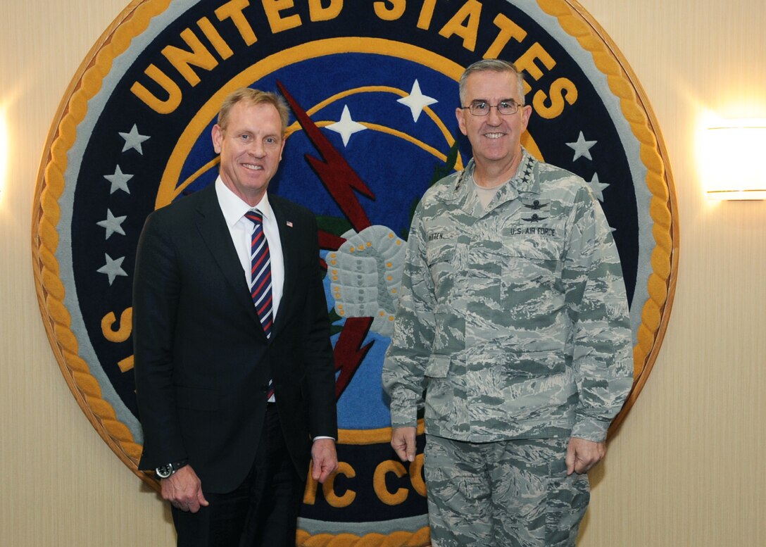 U.S. Air Force Gen. John Hyten, commander of U.S. Strategic Command (USSTRATCOM), welcomes Deputy Secretary of Defense Patrick Shanahan upon his arrival at USSTRATCOM headquarters, Offutt Air Force Base, Neb., April 19, 2018.  During his visit, Shanahan met with USSTRATCOM leadership to discuss nuclear command and control processes and 21st century strategic deterrence. This was Shanahan’s first visit to USSTRATCOM as deputy secretary of defense.  One of nine Department of Defense unified combatant commands, USSTRATCOM has global missions assigned through the Unified Command Plan that include strategic deterrence, space operations, cyberspace operations, joint electronic warfare, global strike, missile defense, intelligence, and analysis and targeting.