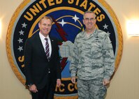 U.S. Air Force Gen. John Hyten, commander of U.S. Strategic Command (USSTRATCOM), welcomes Deputy Secretary of Defense Patrick Shanahan upon his arrival at USSTRATCOM headquarters, Offutt Air Force Base, Neb., April 19, 2018.  During his visit, Shanahan met with USSTRATCOM leadership to discuss nuclear command and control processes and 21st century strategic deterrence. This was Shanahan’s first visit to USSTRATCOM as deputy secretary of defense.  One of nine Department of Defense unified combatant commands, USSTRATCOM has global missions assigned through the Unified Command Plan that include strategic deterrence, space operations, cyberspace operations, joint electronic warfare, global strike, missile defense, intelligence, and analysis and targeting.