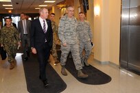 U.S. Air Force Gen. John Hyten, commander of U.S. Strategic Command (USSTRATCOM), escorts Deputy Secretary of Defense Patrick Shanahan through USSTRATCOM headquarters, Offutt Air Force Base, Neb., April 19, 2018.  During his visit, Shanahan met with USSTRATCOM leadership to discuss nuclear command and control processes and 21st century strategic deterrence. This was Shanahan’s first visit to USSTRATCOM as deputy secretary of defense.  One of nine Department of Defense unified combatant commands, USSTRATCOM has global missions assigned through the Unified Command Plan that include strategic deterrence, space operations, cyberspace operations, joint electronic warfare, global strike, missile defense, intelligence, and analysis and targeting.