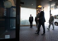 U.S. Air Force Gen. John Hyten, commander of U.S. Strategic Command (USSTRATCOM), and Deputy Secretary of Defense Patrick Shanahan arrive at USSTRATCOM headquarters, Offutt Air Force Base, Neb., April 19, 2018.  During his visit, Shanahan met with USSTRATCOM leadership to discuss nuclear command and control processes and 21st century strategic deterrence. This was Shanahan’s first visit to USSTRATCOM as deputy secretary of defense.  One of nine Department of Defense unified combatant commands, USSTRATCOM has global missions assigned through the Unified Command Plan that include strategic deterrence, space operations, cyberspace operations, joint electronic warfare, global strike, missile defense, intelligence, and analysis and targeting.