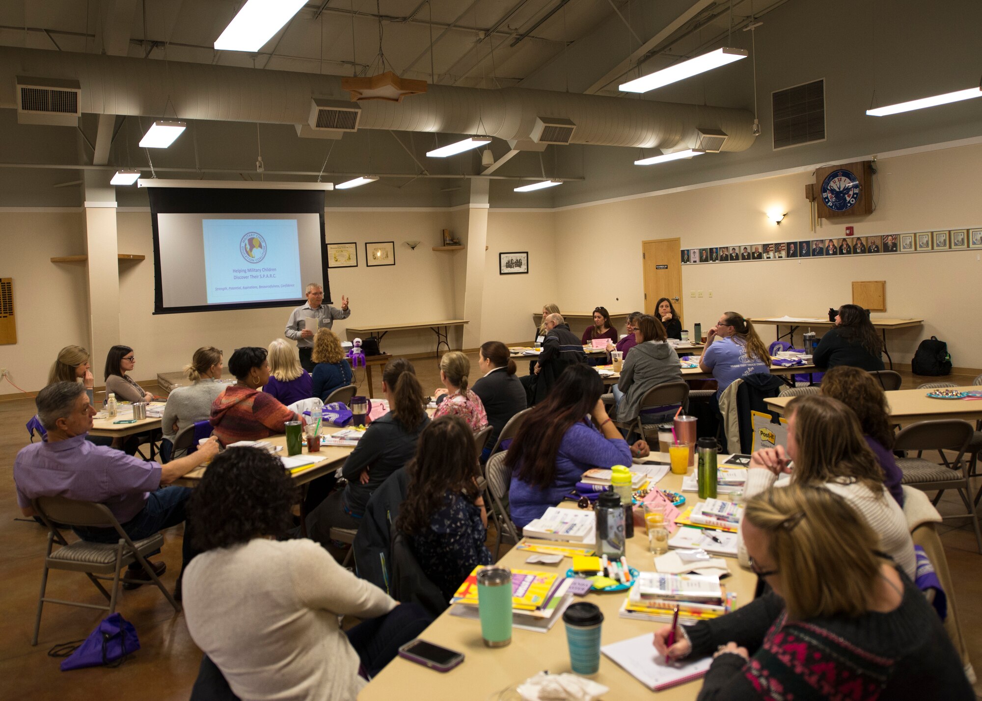 A photo of Steve Hughes, Military Child Education Coalition trainer, leads a SPARC class April 18, 2018, in Mountain Home, Idaho. SPARC focuses on supporting student's educational experience and bringing out their potential. (U.S. Air Force photo by Airman 1st Class Jeremy D. Wolff)