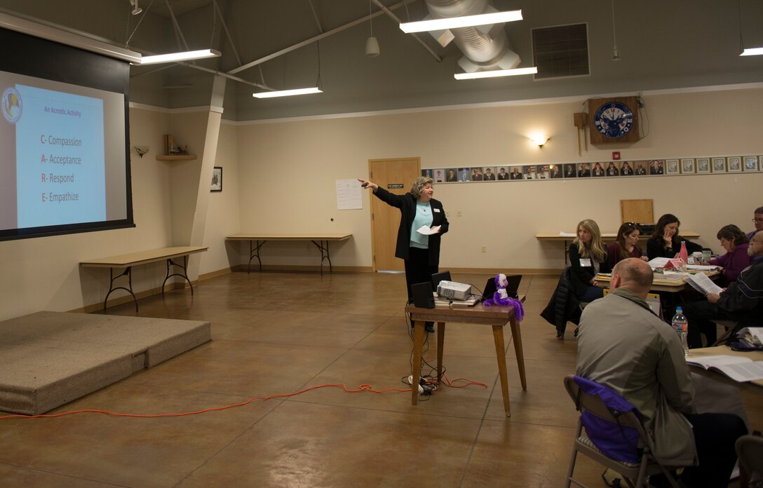 A photo of Shirley Raby, Military Child Education Coalition trainer, leads a SPARC class April 18, 2018, in Mountain Home, Idaho. SPARC focuses on supporting student's educational experience and bringing out their potential. (U.S. Air Force photo by Airman 1st Class Jeremy D. Wolff)