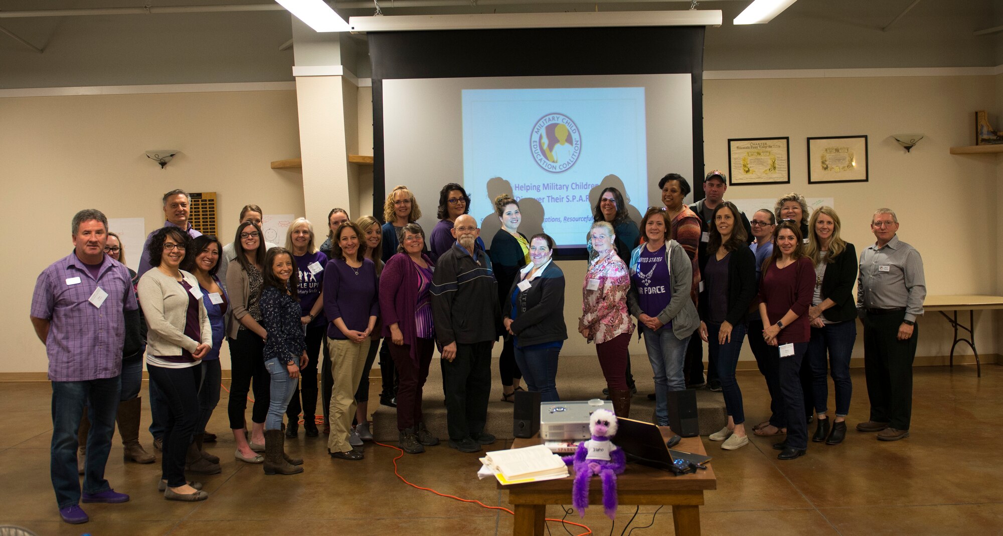 A photo of attendees of the Military Child Education Coalition SPARC training pose for a group picture April 18, 2018, in Mountain Home, Idaho. SPARC focuses on supporting student's educational experience and bringing out their potential. (U.S. Air Force photo by Airman 1st Class Jeremy D. Wolff)