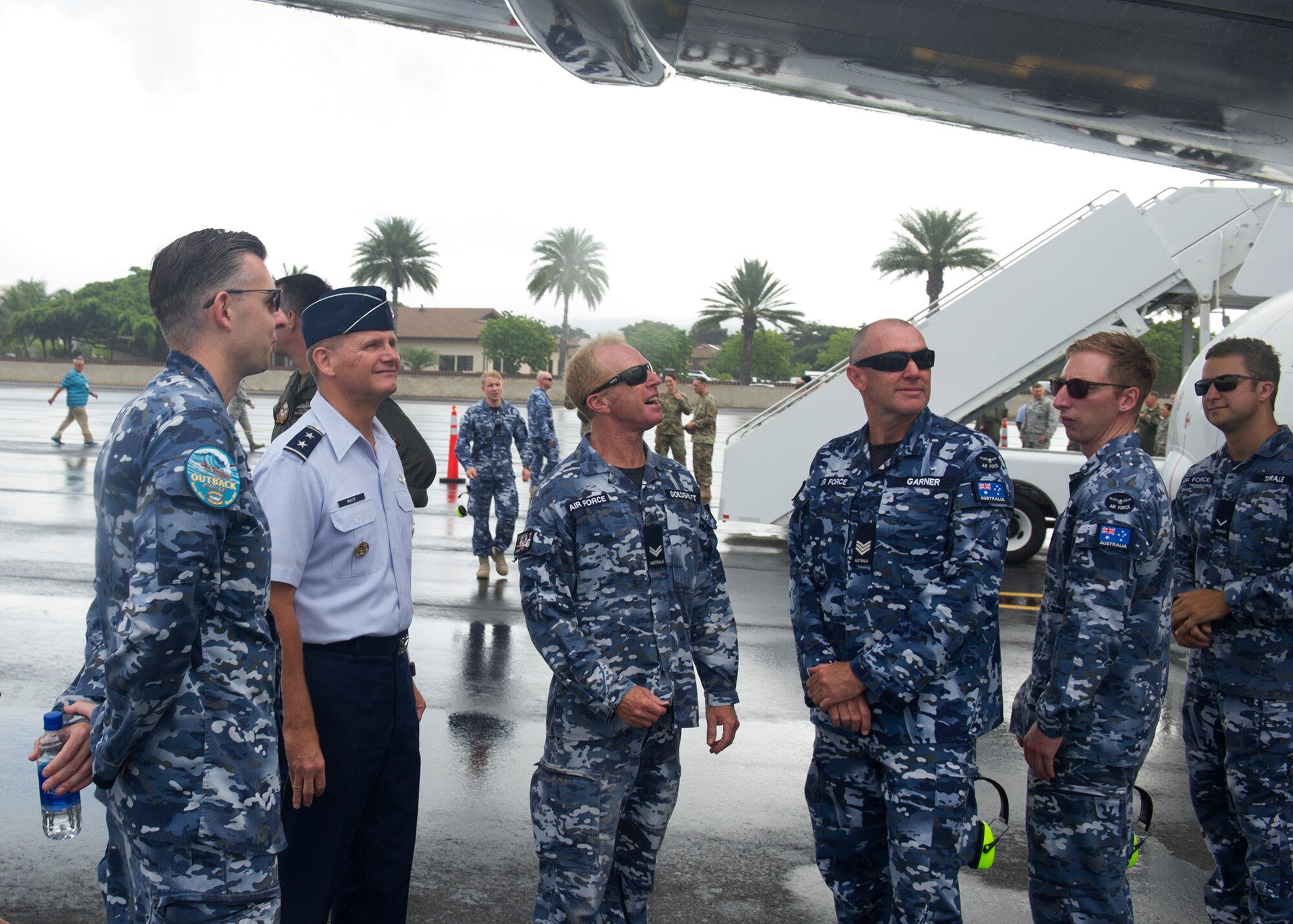 U.S. Air Force Maj. Gen. Russell L. Mack, Pacific Air Forces deputy commander, talks with the crew of the Royal Australian Air Force E-7A Wedgetail during a familiarization tour at Joint Base Pearl Harbor-Hickam, April 14, 2018.