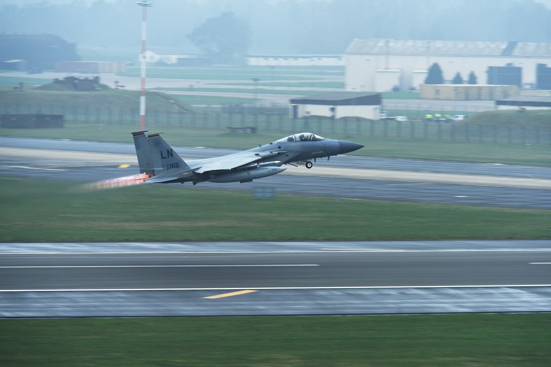 An aircraft takes off.