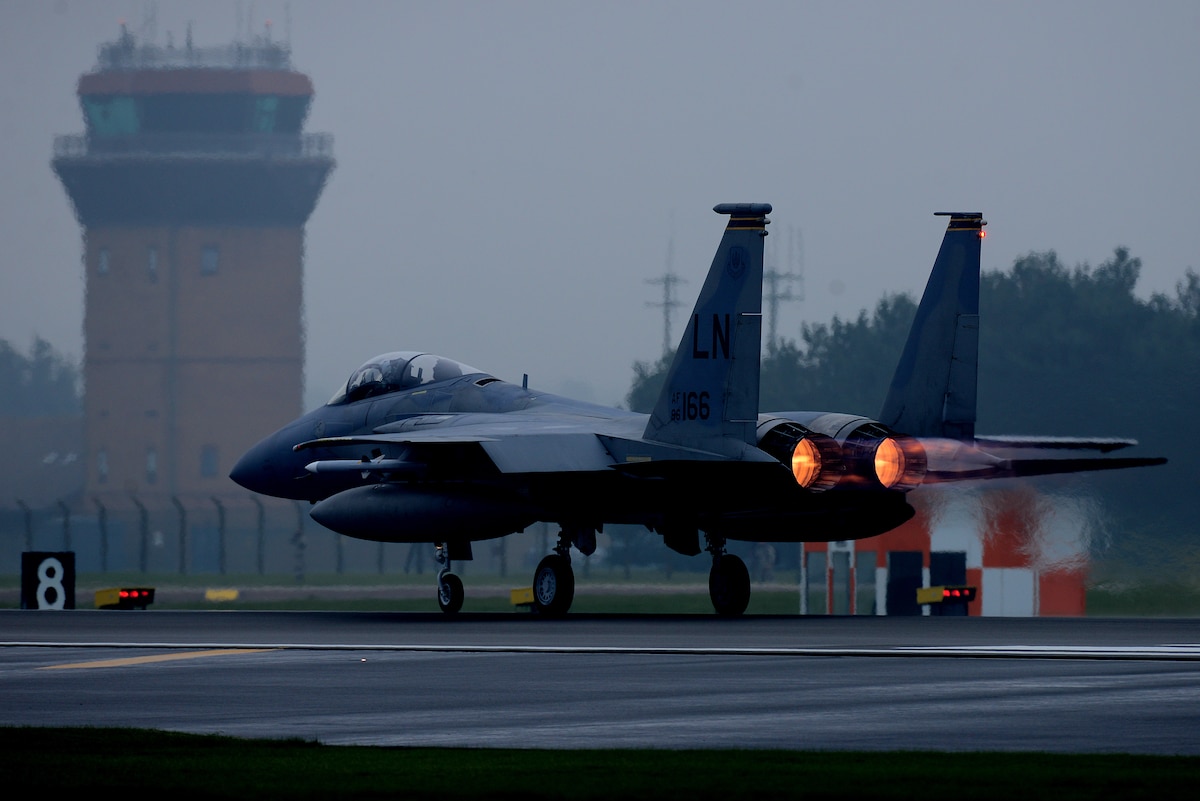 An aircraft prepares to take off.