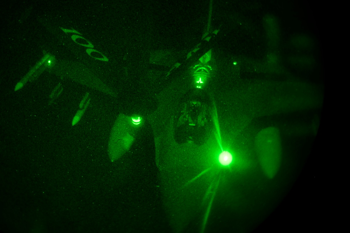 An aircraft is seen refueling with another through night vision device.