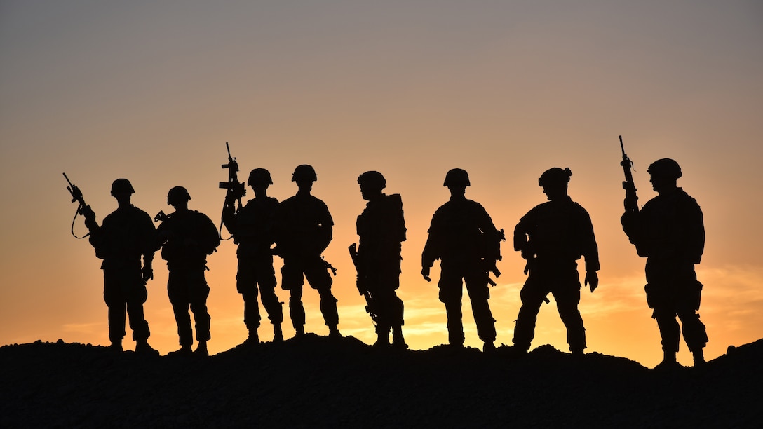 A row of soldiers stand with a sunset in the background.