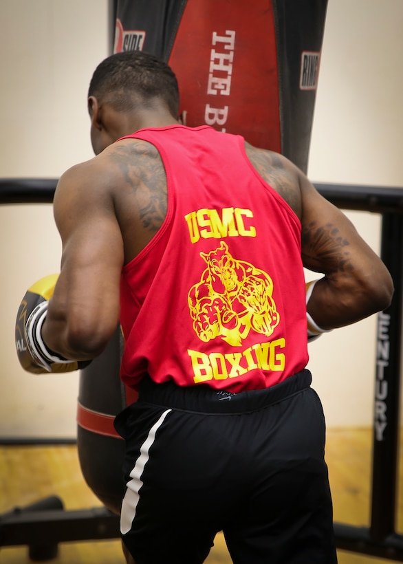 Cpl. Oubigee Jones practices striking techniques aboard Marine Corps Air Station Beaufort April 17. Jones fought in the Marine Corps and Chevrolet Freedom Fight exhibition aboard Marine Corps Base Camp Lejeune April 14. Jones is an Administrative Specialist with the Installation Personnel Administrative Center.