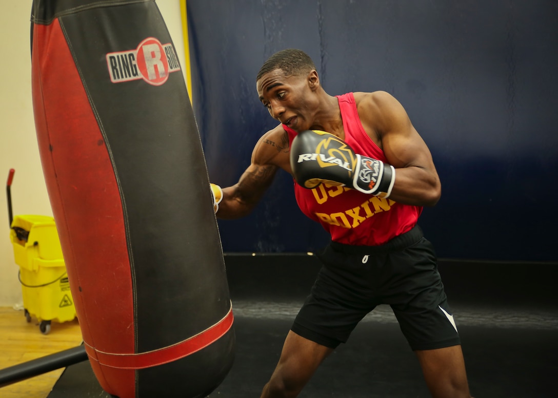 Cpl. Oubigee Jones practices striking techniques aboard Marine Corps Air Station Beaufort, April 17. Jones fought in the Marine Corps and Chevrolet Freedom Fight exhibition aboard Marine Corps Base Camp Lejeune April 14. Jones is an Administrative Specialist with the Installation Personnel Administrative Center.