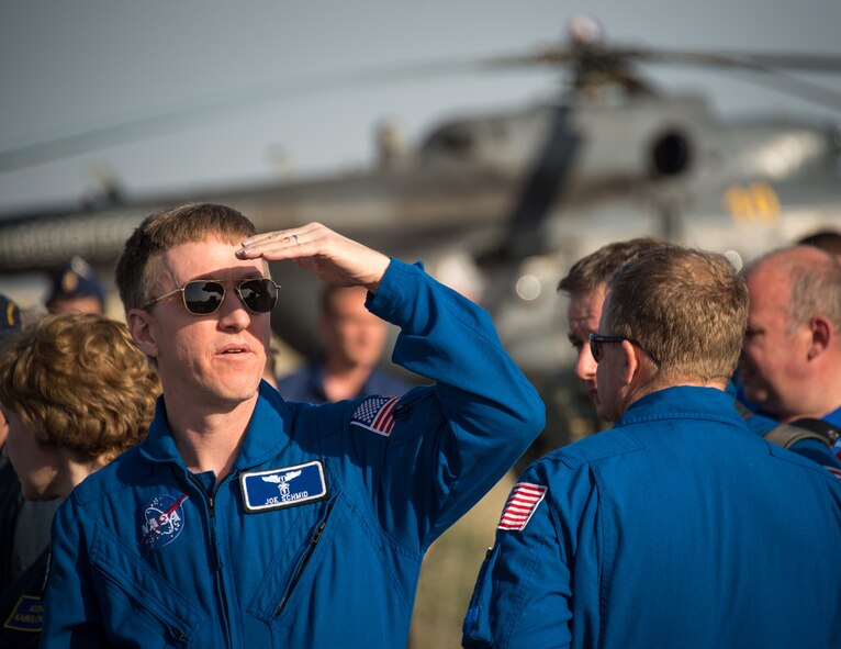 Then-Brig. Gen. (Dr.) Josef Schmid, a reserve mobilization assistant to the Air Force Surgeon General, and civilian NASA flight surgeon, waits for the Soyuz space capsule to land in Kazakhstan, May 13, 2014. Once the Soyuz vehicle landed, Schmid was responsible for recovering astronauts in the field after their flight. (Courtesy photo)