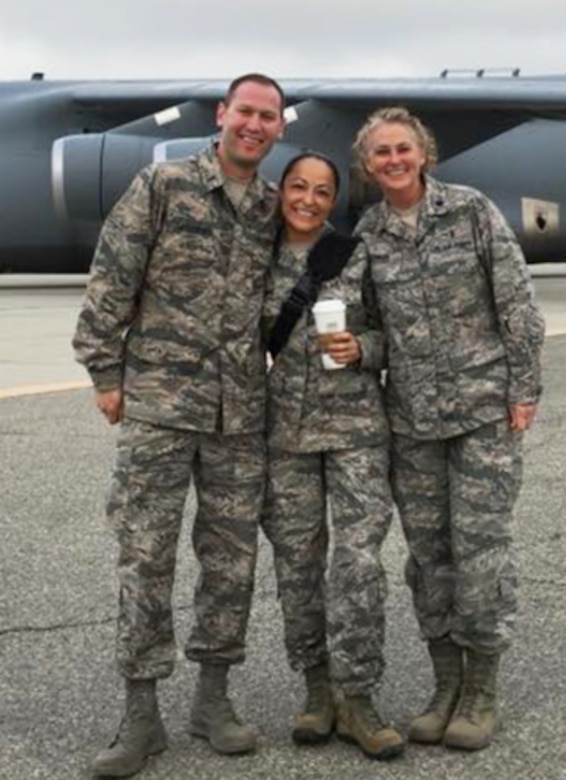 Lt. Col. Debora Lehker (right), reserve commander at the 752nd Medical Squadron at March Air Reserve Base, Calif., poses for a photo with fellow nurses, 1st Lt. James Mitchener and Capt. Johanna Boone at the March Air Reserve Base Air Show, April 8, 2018. Lehker and other Air Force medics provided medical support at the air show. (Courtesy photo)