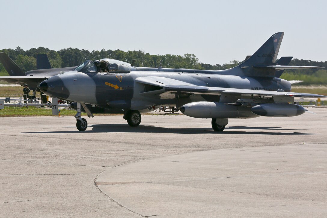 An MK-58 Hawker Hunter taxis aboard Marine Corps Air Station Beaufort April 18. The Hawker Hunter and crew are training with Marine Fighter Attack Training Squadron 501 for multiple weeks to support dissimilar air combat training for F-35B pilots. The aircraft is with the Airborne Tactical Advantage Company.
