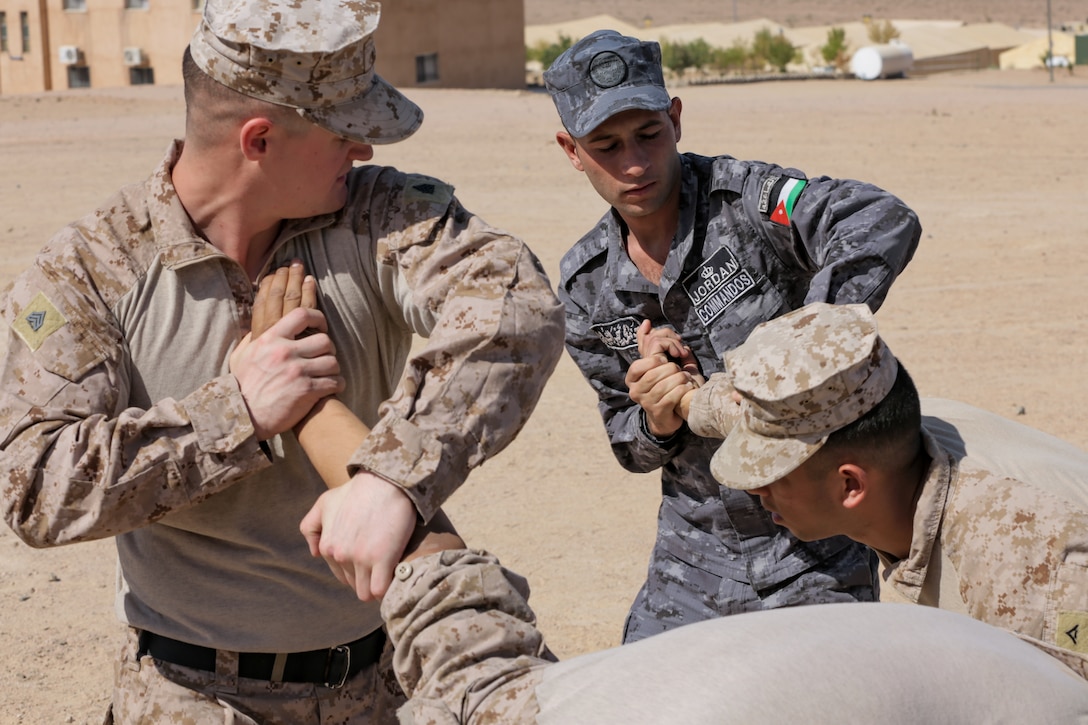 CAMP TITIN, Jordan (April 16, 2018) – U.S. Marines with Fleet Anti-Terrorism Security Team – Central Command and Jordanian 77th Marines Battalion practice Marine Corps Martial Arts during exercise Eager Lion 18. Eager Lion is a major training event that provides U.S. forces and Jordan Armed Forces the opportunity to improve their collective ability to plan and operate in a coalition-type environment. (U.S. Marine Corps photo by Staff Sgt. Vitaliy Rusavskiy/Released)