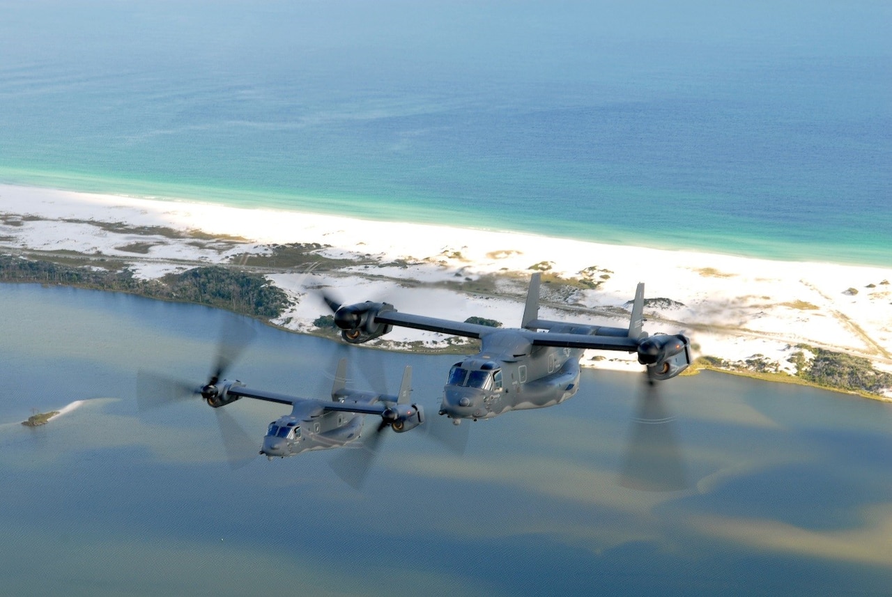 A CV-22 Osprey crew conducts recent flight operations training above Hurlburt Field's Santa Rosa Sound, Florida.