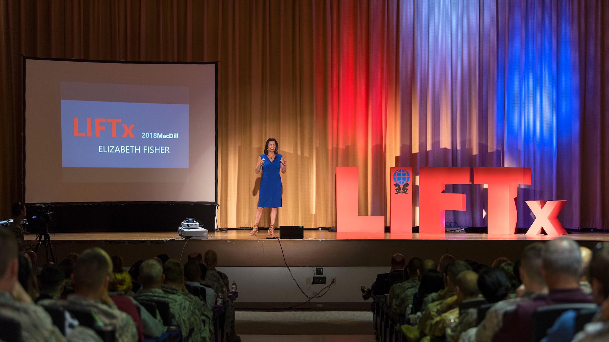 Elizabeth Fisher, the co-founder and president of Selah Freedom, speaks during the Leaders Inspiring for Tomorrow (LIFTx) seminar hosted by MacDill Air Force Base, Fla., April 19, 2018. Fisher spoke on different principles of leadership and how they can be applied to create welcoming work environments. LIFTx brought together 10 diverse speakers from around the country who shared their stories of leadership, inspiration, innovation and resiliency.