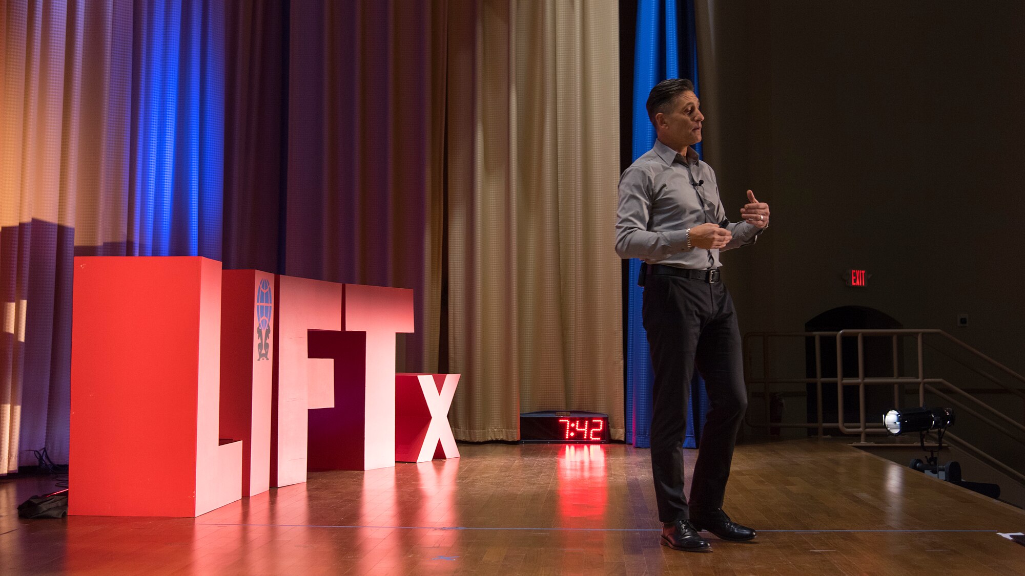 Andy Christiansen, a founding partner of Capacity7, speaks during the Leaders Inspiring for Tomorrow seminar hosted by MacDill Air Force Base, Fla., April 19, 2018. Christiansen focused his talk on the importance of a circle of influence when it comes to progressing in life. LIFTx brought together 10 diverse speakers from around the country who shared their stories of leadership, inspiration, innovation and resiliency.