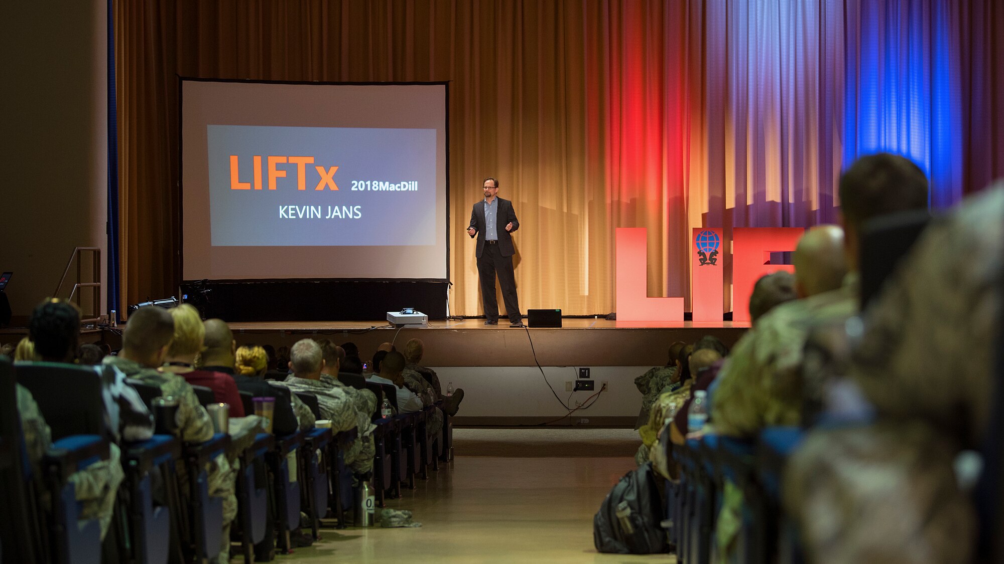 Kevin Jans, founder and president of Skyway Acquisitions Solutions, speaks during the Leaders Inspiring for Tomorrow seminar hosted by MacDill Air Force Base, Fla., April 19, 2018. Jans focused his talk on the five most influential proverbs he has learned throughout his leadership career and how they apply to every day life. LIFTx brought together 10 diverse speakers from around the country who shared their stories of leadership, inspiration, innovation and resiliency.