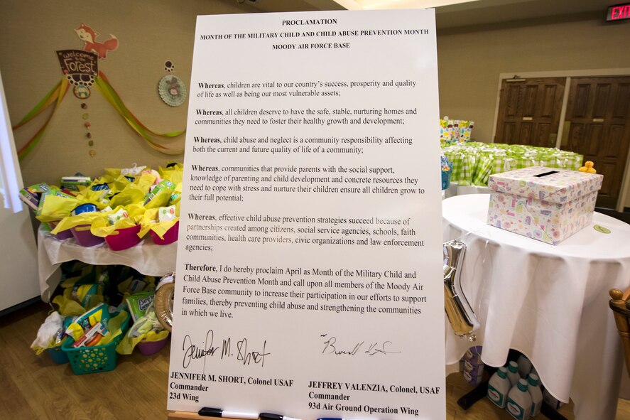 A child abuse prevention proclamation, rests on a stand during a baby shower, April 14, 2018, at Moody Air Force Base, Ga. The baby shower provided attendants with various gifts and educational opportunities, the shower’s main focus this year was on raising awareness to the issue of child abuse. (U.S. Air Force photo by Airman 1st Class Eugene Oliver)