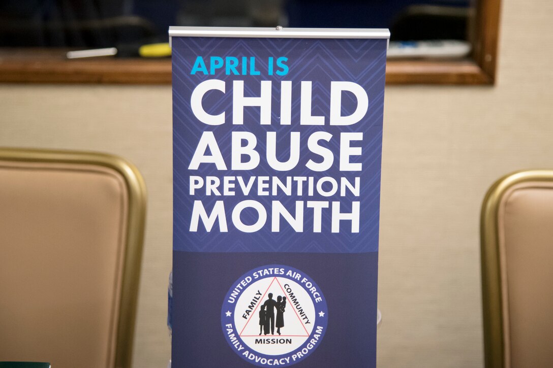 A sign promoting child abuse awareness month, rests on a table during a baby shower, April 14, 2018, at Moody Air Force Base, Ga. The baby shower provided attendants with various gifts and educational opportunities, the shower’s main focus this year was on raising awareness to the issue of child abuse. (U.S. Air Force photo by Airman 1st Class Eugene Oliver)