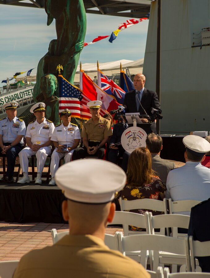 Mitch Landrieu, mayor of New Orleans, welcomed audience members and future guests to the opening ceremony of Navy Week, at the Port of New Orleans, April 20, 2018. The celebration is an opportunity for citizens of New Orleans and surrounding area to meet service members and witness the latest capabilities of today’s maritime service. (U.S. Marine Corps photo by Lance Cpl. Melany Vasquez/Released)