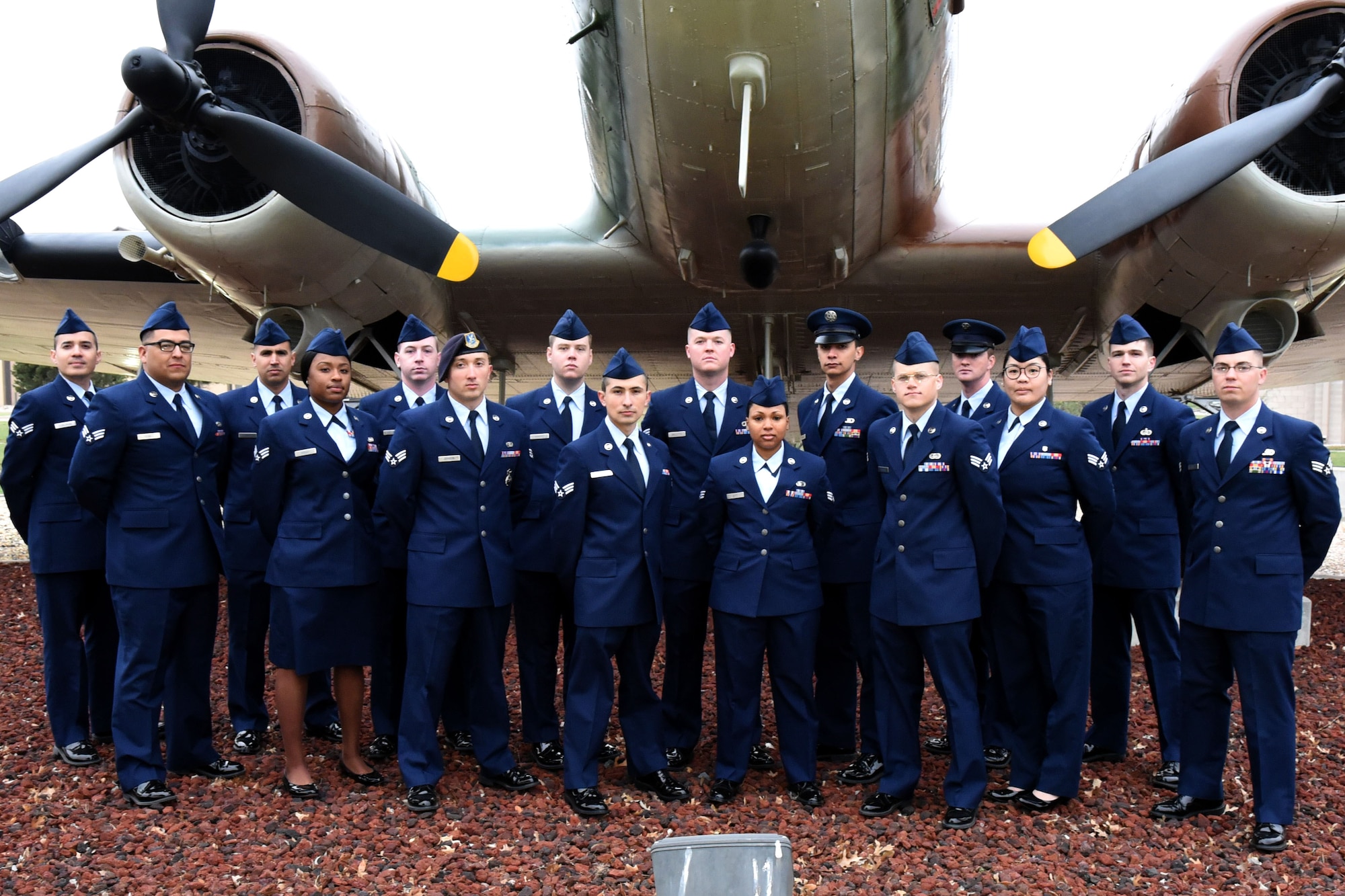Airman Leadership School Class 18-C stands before the EC-47 static plane display on Goodfellow Air Force Base, Texas, April 9, 2018. ALS is a six-week course designed to prepare senior airmen to assume supervisory duties by offering instruction in leadership, followership, written and oral communication skills, and the profession of arms.  (U.S. Air Force photo by Airman 1st Class Seraiah Hines/Released)