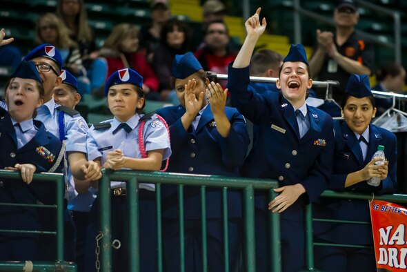 Air Force JROTC cadets from Owensboro, Kentucky, cheer during the Air Force JROTC National Drill Competition held March 24, 2018 at Wright State University near Dayton, Ohio. The Air Force National competition was designed to promote the positive aspects and benefits of JROTC. (U.S. Air Force photo by Senior Airman Jonathan Stefanko)