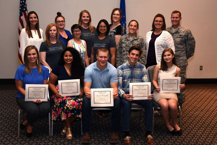 Board members for Goodfellow Combined Spouses’ Club and scholarship recipients gathered at the Event Center to celebrate the awarding of scholarships to dependents and spouses for continued education on Goodfellow Air Force Base, Texas, April 19, 2018. All of the money generated for the scholarships came from the Thrift store on base. (U.S. Air Force photo by Airman 1st Class Seraiah Hines/Released)