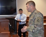 Lt. Gen. Jeffrey S. Buchanan (right), commanding general, U.S. Army North (Fifth Army), thanks the volunteers at the Joint Base San Antonio-Fort Sam Houston Tax Center for their time and service April 20, as Jesse Bolaños, Military Tax Center dirsctor listens. The Tax Center processed more than 2,111 Federal and more than 200 State returns. The tax center was able to reach more than 3,400 clients and returned more than 4.17 Million dollars in the form of refunds to the community. The Tax Center also saved the JBSA-FSH Community more than $434,000 in filing and preparation fees.