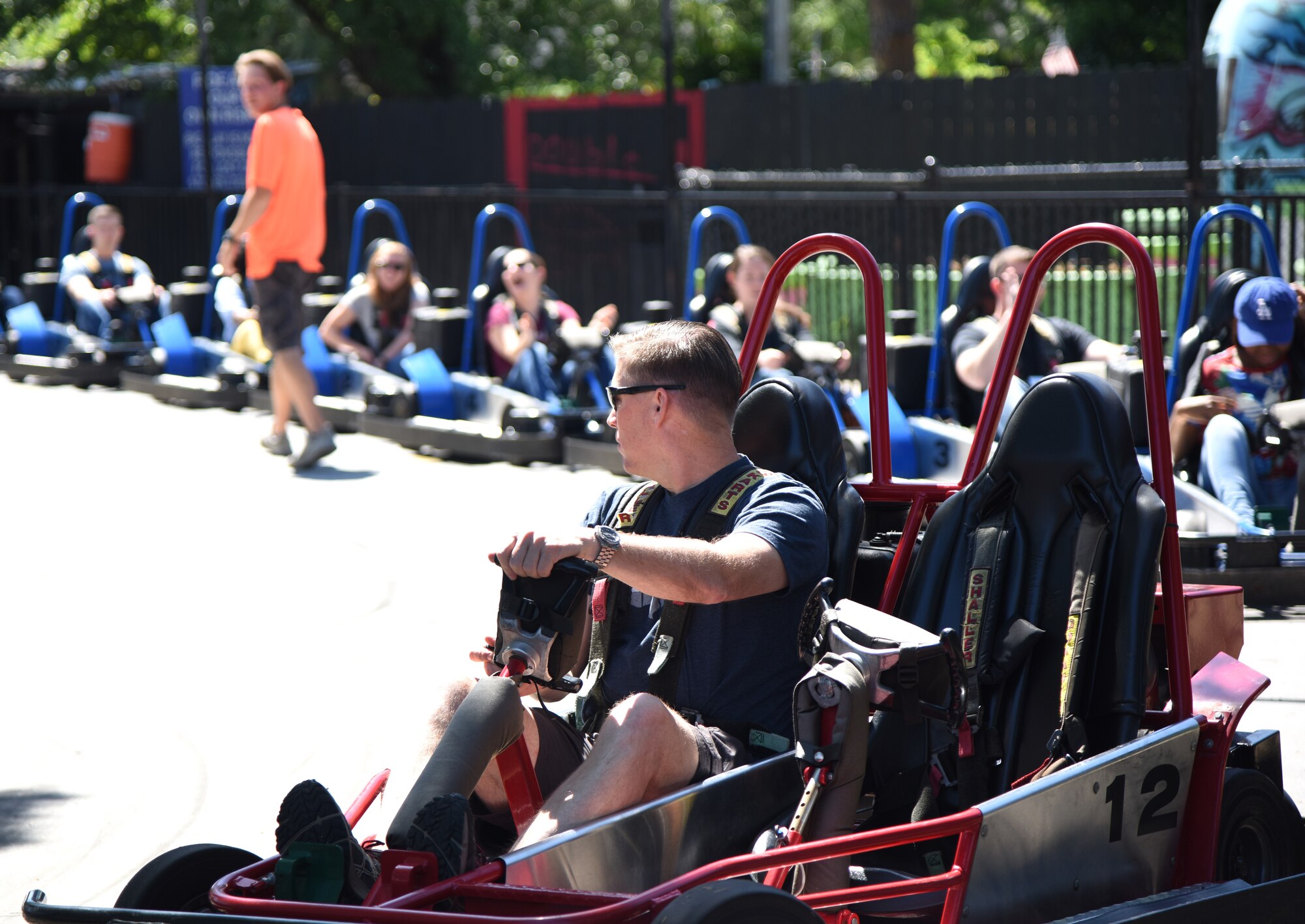 Members of the 81st Training Wing commander’s support staff ride go-carts for Dragon Chat at Big Play in Biloxi, Mississippi, April 19, 2018. Dragon Chat consisted of Airmen participating in small group discussions within their units to focus on building resiliency and team building initiatives. (U.S. Air Force photo by Kemberly Groue)