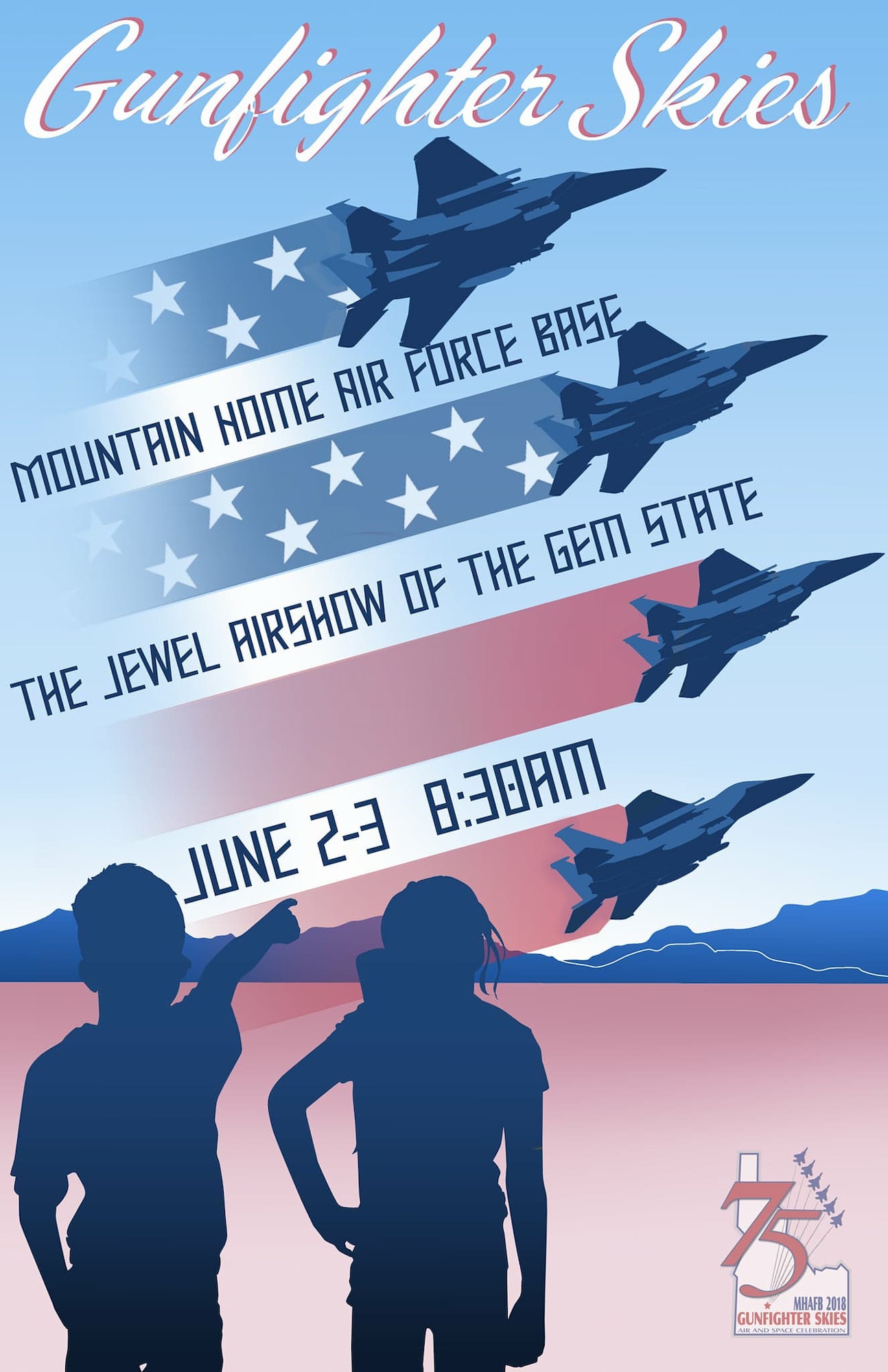 Image of a graphic of Gunfighter Skies Air and Space Celebration. The airshow is scheduled to be held June 2nd and 3rd. Gates open at 8:30 a.m. (U.S. Air Force Graphic by Airman 1st Class Janae Capuno)